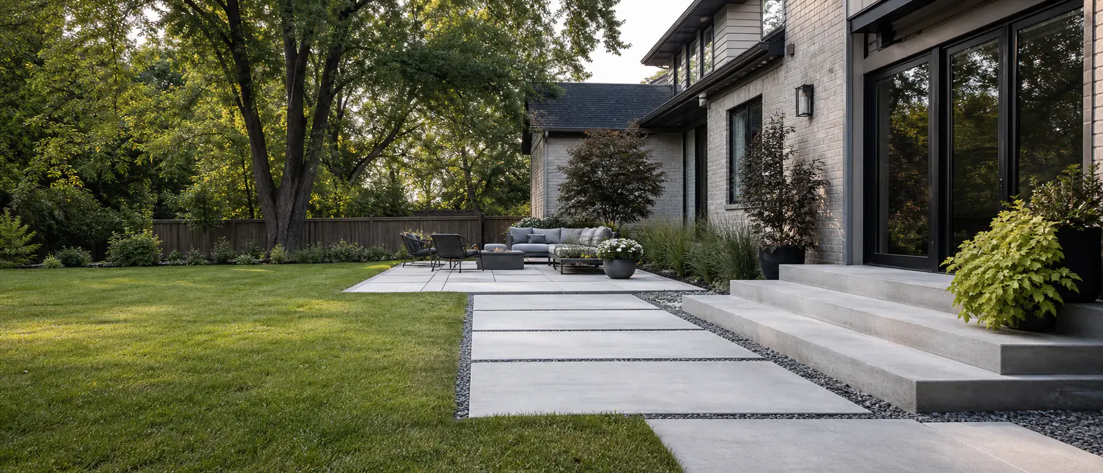 Finished concrete surface beside residential landscaping.